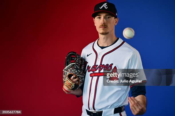 Max Fried of the Atlanta Braves poses during the 2024 Atlanta Braves Photo Day at CoolToday Park on February 23, 2024 in North Port, Florida.