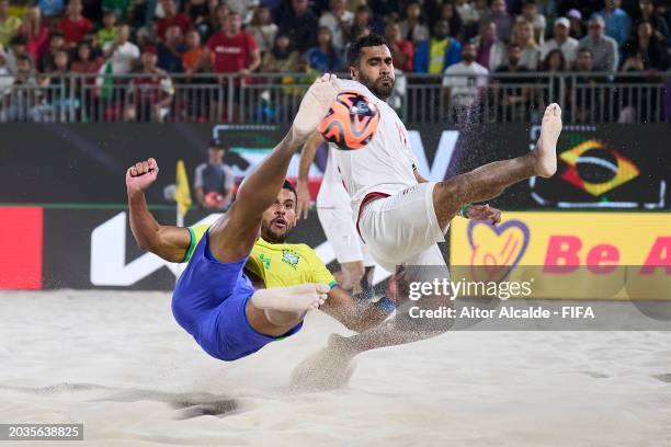 Brendo of Brazil shoots for score the third goal during the FIFA Beach Soccer World Cup UAE 2024 Semi-Final match between IR Iran and Brazil at Dubai...
