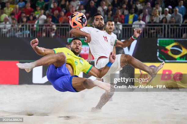 Brendo of Brazil shoots for score the third goal during the FIFA Beach Soccer World Cup UAE 2024 Semi-Final match between IR Iran and Brazil at Dubai...