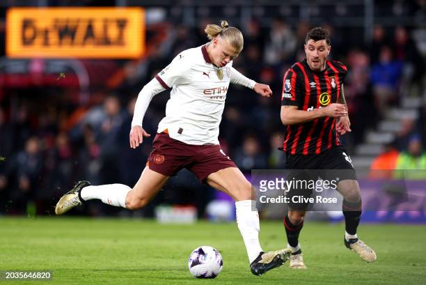 Erling Haaland of Manchester City prepares to shoot during the Premier League match between AFC Bournemouth and Manchester City at the Vitality...
