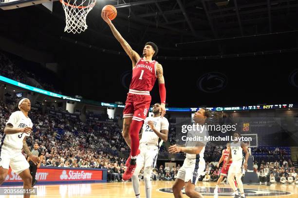 Kelel Ware of the Indiana Hoosiers drives to basket in the first half during a college basketball game against the Penn State Nittany Lions at the...