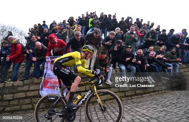Matteo Jorgenson of The United States and Team Visma | Lease A Bike competes climbing the Muur van Geraardsbergen while fans cheer during the 79th...
