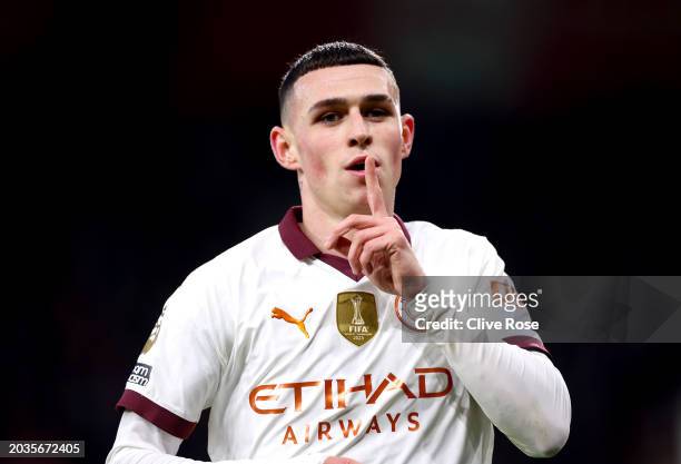 Phil Foden of Manchester City celebrates scoring his team's first goal during the Premier League match between AFC Bournemouth and Manchester City at...