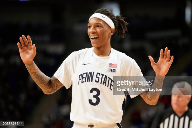 Nick Kern Jr. #3 of the Penn State Nittany Lions reacts to call in the first half during a college basketball game against the Indiana Hoosiers at...