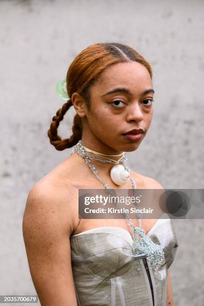 Damsel Elysium wears a Roksanda Ilincic dress and a shell neckla during London Fashion Week February 2024 at the Roksanda show on February 17, 2024...