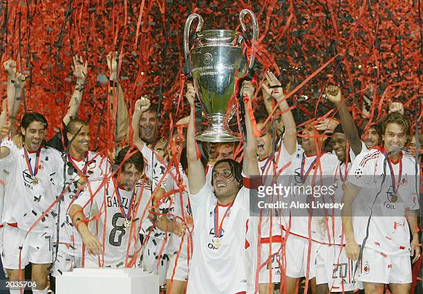 Milan celebrates winning the UEFA Champions League Final match between Juventus FC and AC Milan on May 28, 2003 at Old Trafford in Manchester,...