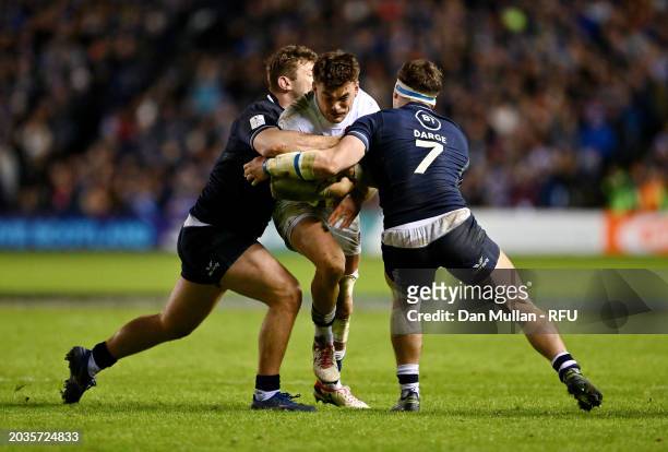 George Furbank of England is challenged by Alec Hepburn and Rory Darge of Scotland during the Guinness Six Nations 2024 match between Scotland and...