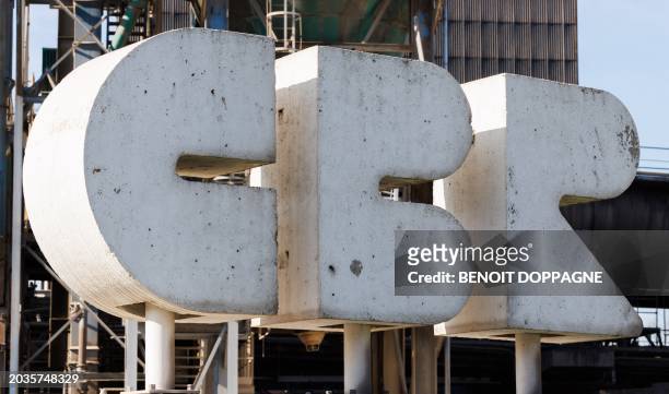 Illustration shows the logo of CBR cementery, the former name of the plant, at a press visit to the Heidelberg Materials cement plant in Antoing,...