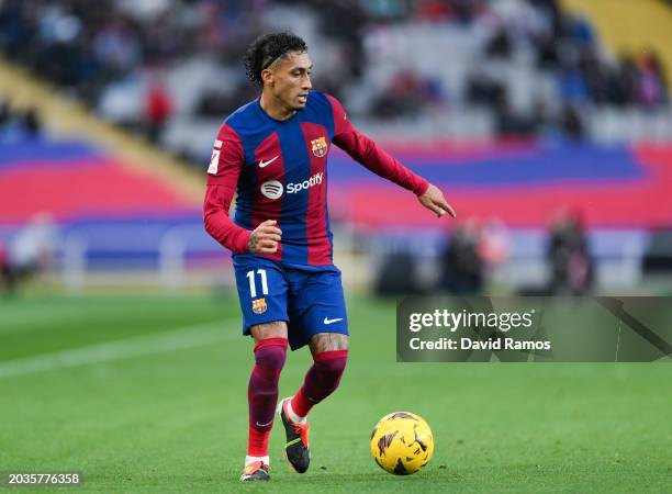 Rafinha of FC Barcelona runs with the ball during the LaLiga EA Sports match between FC Barcelona and Getafe CF at Estadi Olimpic Lluis Companys on...