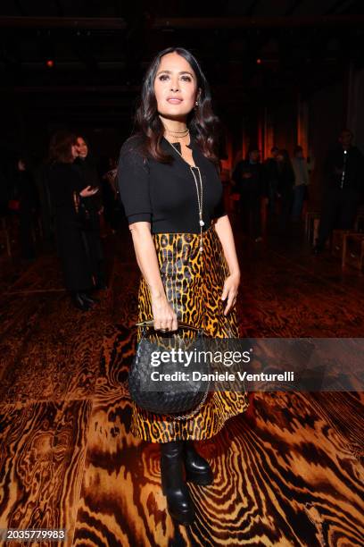 Salma Hayek attends the Bottega Veneta fashion show during the Milan Fashion Week Womenswear Fall/Winter 2024-2025 on February 24, 2024 in Milan,...