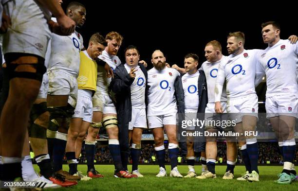 Jamie George of England speaks with teammates as players of England huddle after defeat to Scotland during the Guinness Six Nations 2024 match...