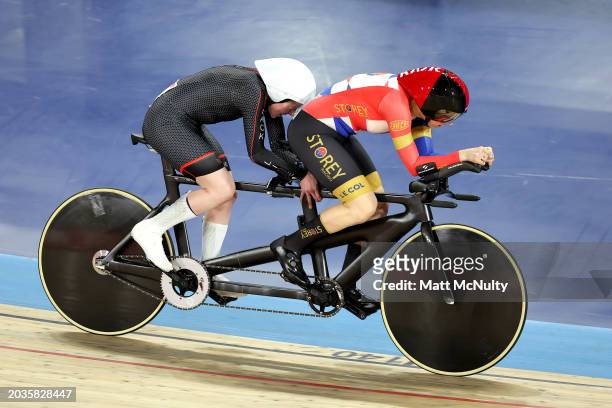 Lora Fachie of Black Line and Pilot Corrine Hall of Storey Racing compete in the Women's Individual Pursuit Para B during the British Cycling...