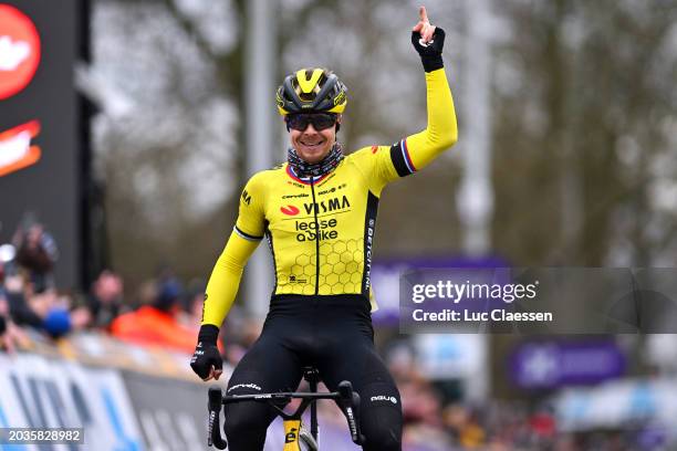 Jan Tratnik of Slovenia and Team Visma | Lease A Bike celebrates at finish line as race winner during the 79th Omloop Het Nieuwsblad 2024, Men's...