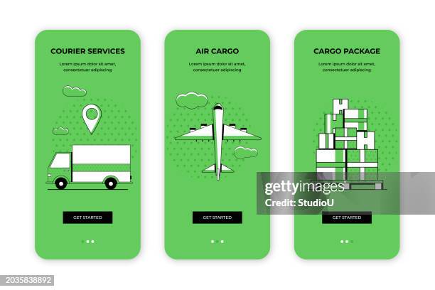 courier service, air cargo, cargo package user onboarding template - cargo plane loading stock illustrations