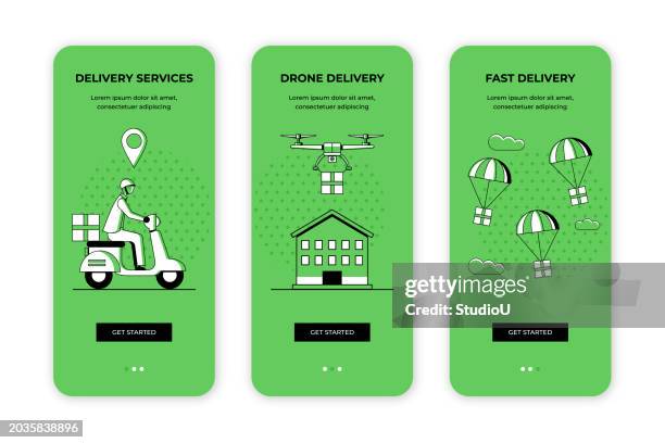 delivery service, express delivery, drone delivery user onboarding template - drone package stock illustrations