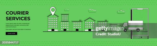 courier service panoramic illustration - digitalization background stock illustrations