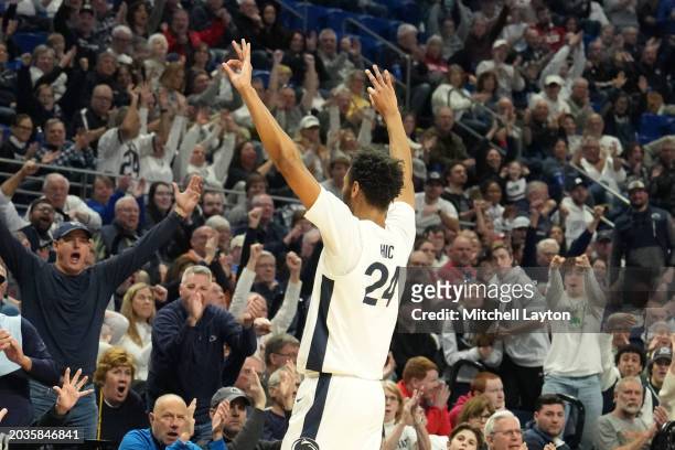 Zach Hicks of the Penn State Nittany Lions celebrates a shot in the second half during a college basketball game against the Indiana Hoosiers at the...