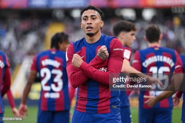 Rafinha of FC Barcelona celebrates their team's first goal during the LaLiga EA Sports match between FC Barcelona and Getafe CF at Estadi Olimpic...