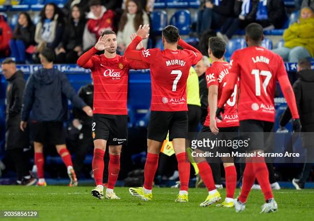 Matija Nastasic of RCD Mallorca celebrates scoring his team's first goal with teammate Vedat Muriqi during the LaLiga EA Sports match between...