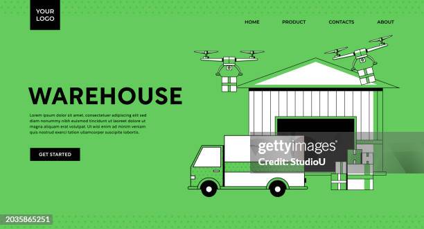 warehouse illustration on green background - delivery van studio stock illustrations
