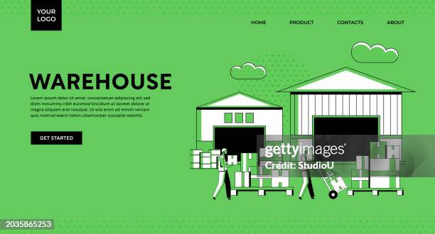 lagerhaus-illustration auf grünem hintergrund - industriegebiet stock-grafiken, -clipart, -cartoons und -symbole