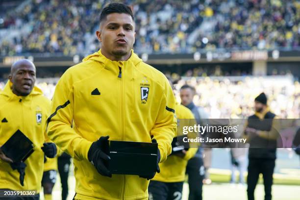 Cucho Hernandez of the Columbus Crew walks off the pitch with his MLS Championship rings before the game against the Atlanta United at Lower.com...