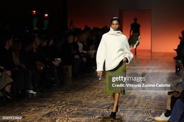 Imaan Hammam walks the runway at the Bottega Veneta fashion show during the Milan Fashion Week Womenswear Fall/Winter 2024-2025 on February 24, 2024...