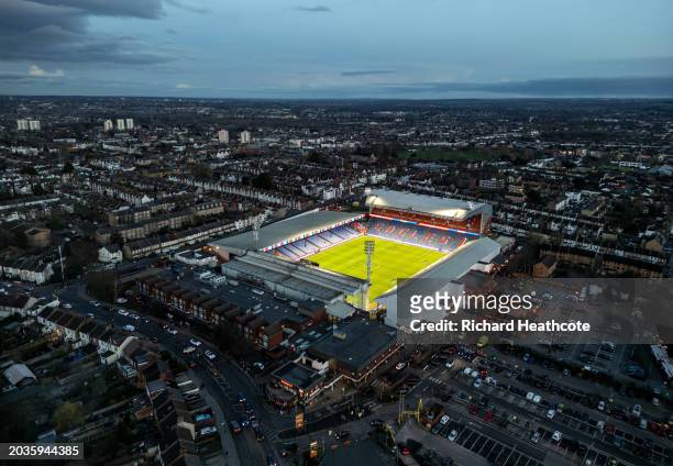 An Aerial view of the Selhurst Park Stadium with the floodlights on after the Premier League match between Crystal Palace and Burnley FC at Selhurst...