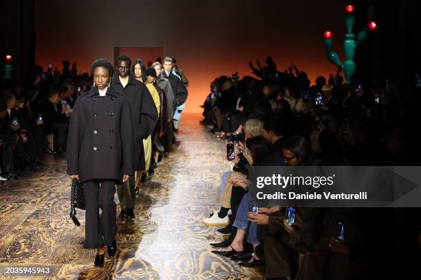 Model walks the runway at the Bottega Veneta fashion show during the Milan Fashion Week Womenswear Fall/Winter 2024-2025 on February 24, 2024 in...