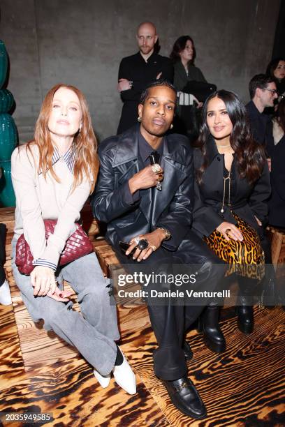 Julianne Moore, A$AP Rocky and Salma Hayek attend the Bottega Veneta fashion show during the Milan Fashion Week Womenswear Fall/Winter 2024-2025 on...