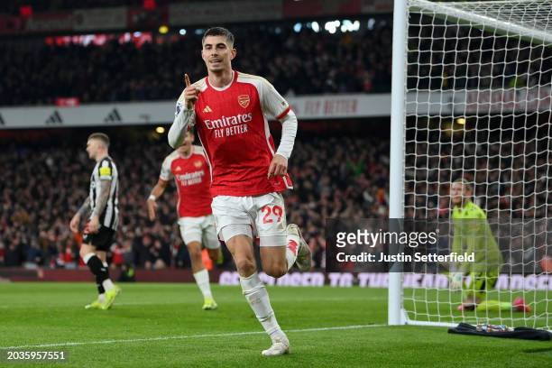 Kai Havertz of Arsenal celebrates scoring his team's second goal during the Premier League match between Arsenal FC and Newcastle United at Emirates...