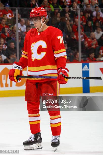 Martin Pospisil of the Calgary Flames skates against the Detroit Red Wings at the Scotiabank Saddledome on February 17, 2024 in Calgary, Alberta.