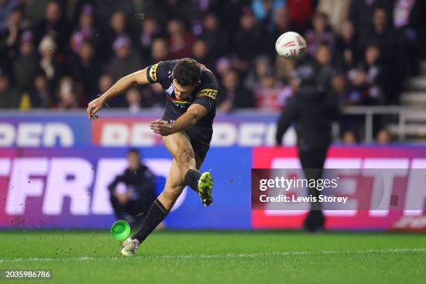 Nathan Cleary of Penrith Panthers converts his team's first try scored by Nathan Cleary during the Betfred World Club Challenge match between Wigan...