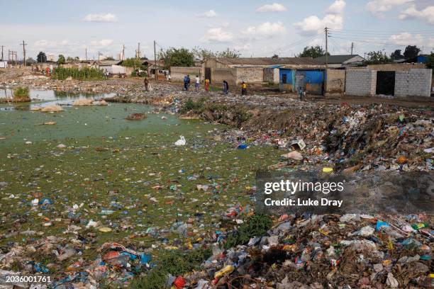 Contaminated water as seen near a residential community on February 24, 2024 in Lusaka, Zambia. Flies from water sources such as this have been...