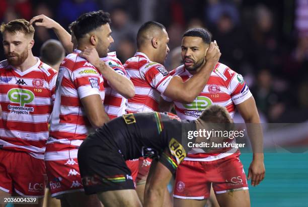 Kruise Leeming of Wigan Warriors goes over for a try during the Betfred Super League Final match between Wigan Warriors v Catalans Dragons at DW...