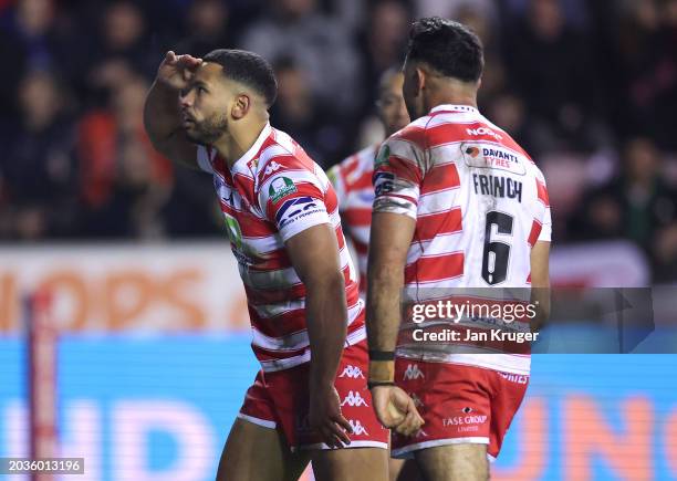 Kruise Leeming of Wigan Warriors celebrates scoring a try during the Betfred Super League Final match between Wigan Warriors v Catalans Dragons at DW...