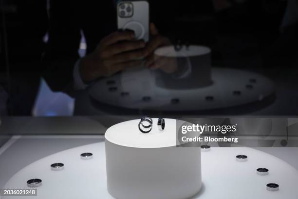 Galaxy smart rings on display at the Samsung Electronics Co. Booth on day two of the Mobile World Congress at the Fira de Barcelona venue in...