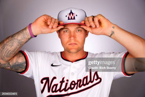 Nick Senzel of the Washington Nationals poses for a portrait during photo day at The Ballpark of the Palm Beaches on February 24, 2024 in West Palm...