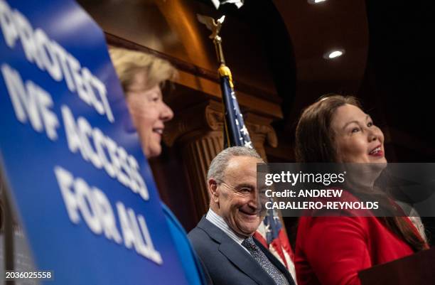 Senator Tammy Duckworth speaks at a news conference on protections for access to in vitro fertilization as Senate Majority Leader Chuck Schumer looks...