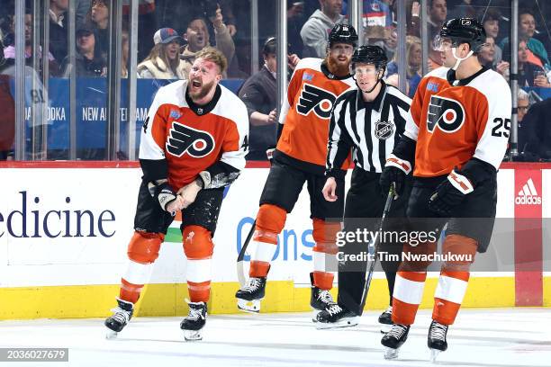 Nicolas Deslauriers of the Philadelphia Flyers reacts after receiving a fighting major during the first period against the New York Rangers at the...