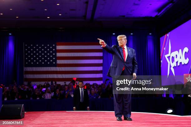 Republican presidential candidate and former U.S. President Donald Trump walks offstage after his remarks at the Conservative Political Action...