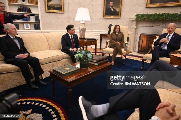 President Joe Biden and Vice President Kamala Harris meet with House Speaker Mike Johnson and Senate Minority Leader Mitch McConnell in the Oval...