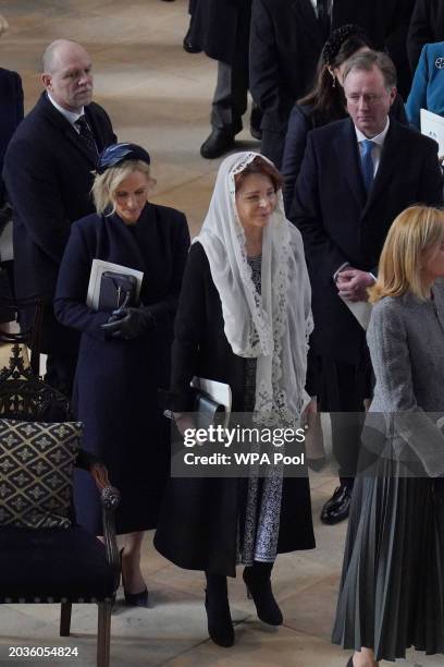 Mike Tindall, Zara Tindall, Queen Noor of Jordan and Prince Gustav zu Sayn-Wittgenstein-Berleburg attend a Thanksgiving Service for King Constantine...