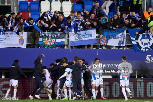 Jose Lazo of RCD Espanyol celebrates with his teammates after scoring his team's third goal during the LaLiga Hypermotion match between SD Eibar and...