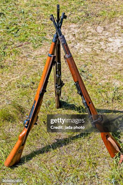 three carbine rifles standing against each other - bullet hole in wood stock pictures, royalty-free photos & images