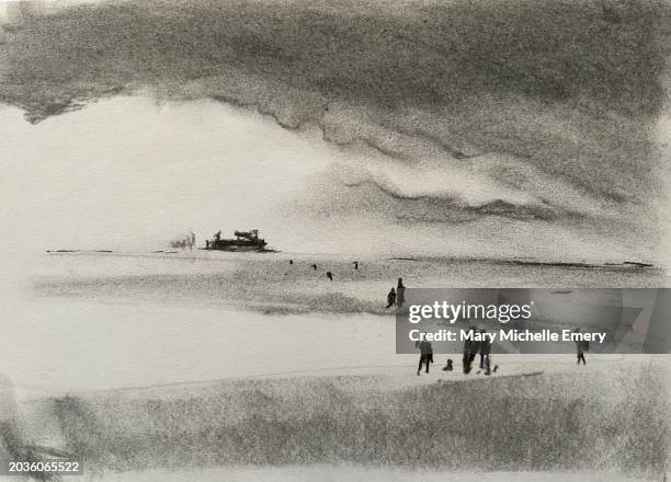 ship and people on beach - refugee stock illustrations