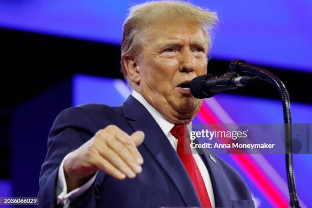 Republican presidential candidate and former U.S. President Donald Trump speaks at the Conservative Political Action Conference at the Gaylord...