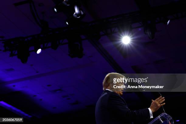 Republican presidential candidate and former U.S. President Donald Trump speaks at the Conservative Political Action Conference at the Gaylord...