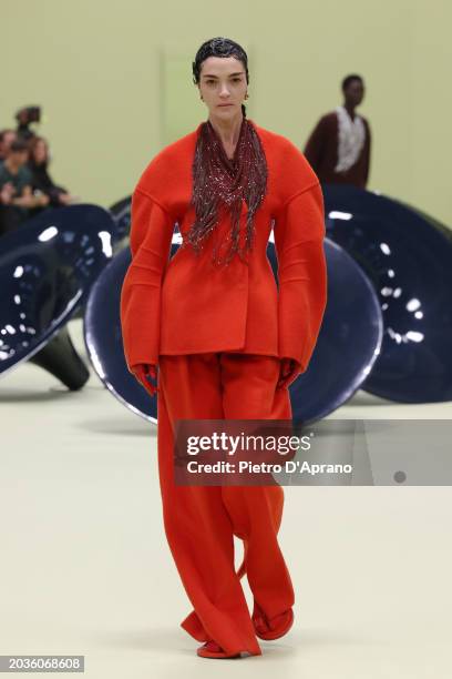 Model walks the runway at the Jil Sander fashion show during the Milan Fashion Week Womenswear Fall/Winter 2024-2025 on February 24, 2024 in Milan,...