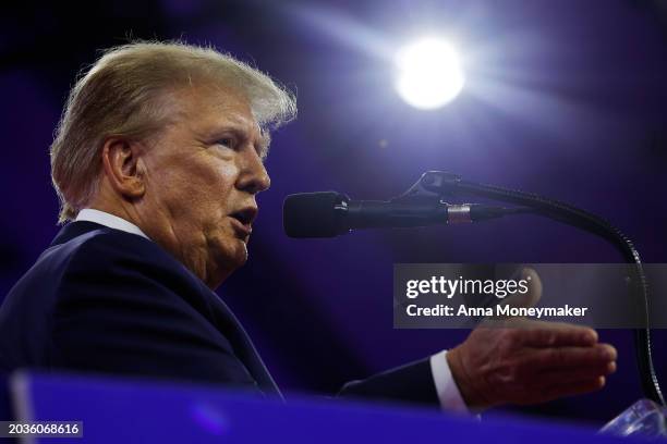 Republican presidential candidate and former U.S. President Donald Trump speaks at the Conservative Political Action Conference at the Gaylord...